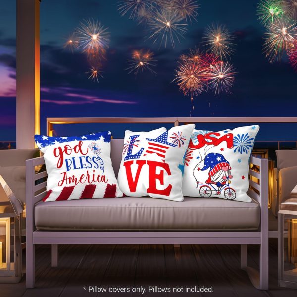 G128 Patriotic Decoration Gnome & Fireworks Waterproof Throw Pillow Covers | 18 x 18 In | Set of 4, Beautiful Cushion Covers for Independence Memorial Day Sofa Couch Decoration - Image 7