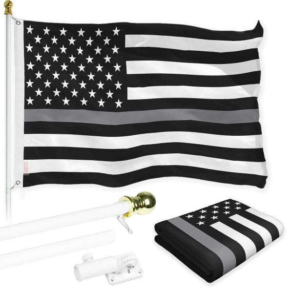 G128 Combo Pack: Flag Pole 6 FT White Tangle Free & Thin Gray Line Flag 3x5 FT Brass Grommets Printed Polyester (Flag Included) Aluminum Flag Pole