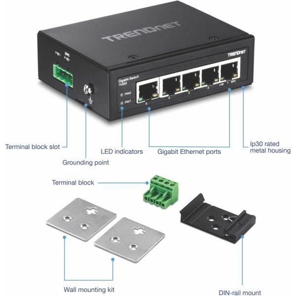 TRENDnet 5-Port Hardened Industrial Gigabit DIN-Rail Switch, 10 Gbps Switching Capacity, IP30 Rated Network Switch (-40 to 167 F), DIN-Rail & Wall Mounts Included, Lifetime Protection, Black, TI-G50 - Image 5