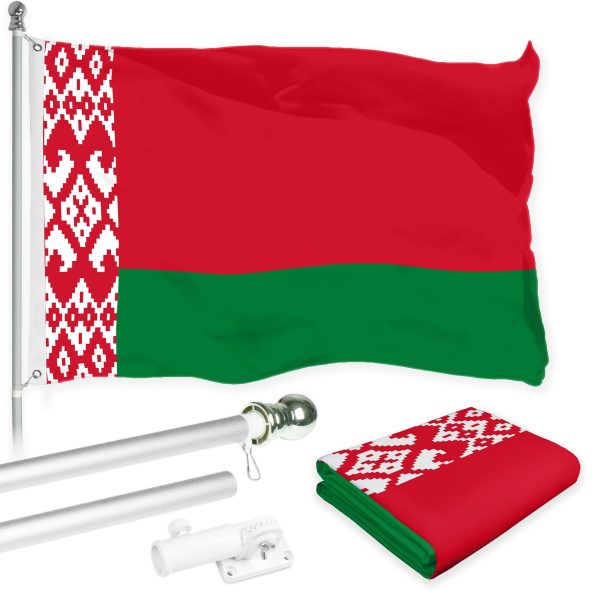 G128 Combo Pack: 6 Ft Tangle Free Aluminum Spinning Flagpole (Silver) & Belarus Belarusian Flag 3x5 Ft, LiteWeave Pro Series Printed 150D Polyester | Pole with Flag Included