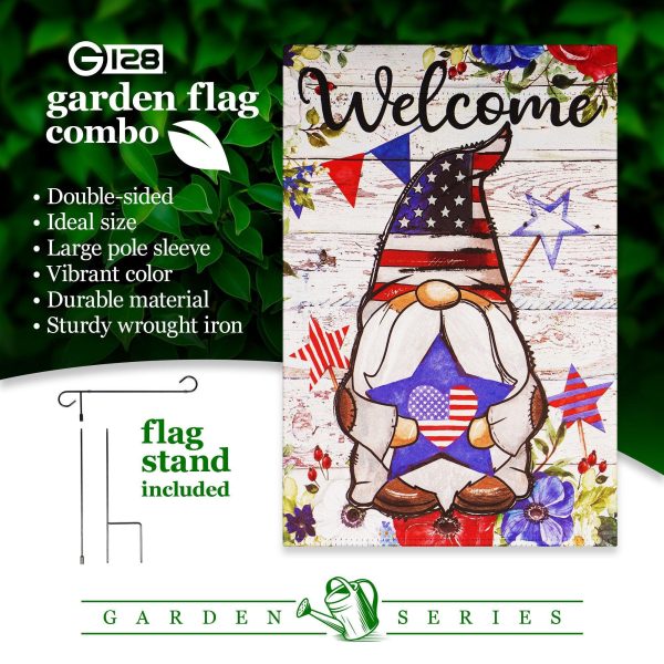 G128 Combo Pack: Garden Flag Stand Black 36 in x 16 in & Garden Flag Patriotic Decoration Welcome Gnome with Star 12"x18" Double-Sided Blockout Fabric - Image 7