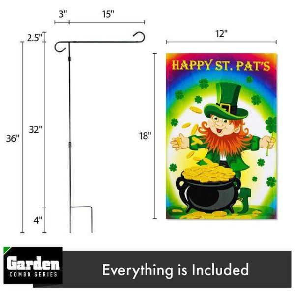 G128 Combo Pack: Garden Flag Stand Black 36x16 Inch & Garden Flag Happy St. Patrick's Day Leprechaun with Pot of Gold 12x18 Inch - Image 2