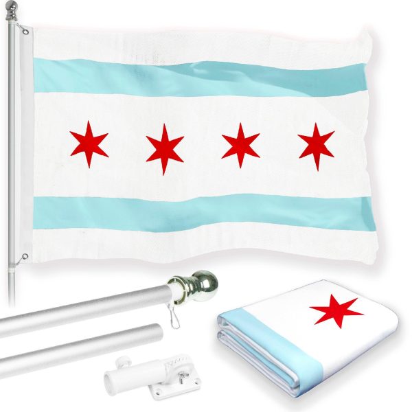 G128 Combo Pack: 6 Feet Tangle Free Spinning Flagpole (Silver) Chicago City Flag 3x5 ft Printed 150D Brass Grommets (Flag Included) Aluminum Flag Pole