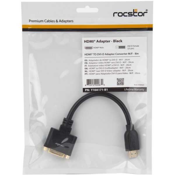 Rocstor Premium 8in HDMI to DVI-D Video Adapter F/M- HDMI Female to DVI Male for Computers, Monitors, Notebook, Video Device - 8" - 1 Retail Pack - 1 x HDMI Female - 1 x DVI-D (24+1) Male - Gold Platted - Shielding - Black CABLE HDMI FEMALE TO DVI-D MALE ADAPTER - Image 2