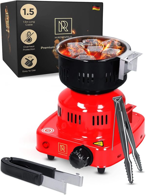 Red Multipurpose Electric Charcoal Starter   Electric Charcoal Burner ETL Approved Electric Stove   Coconut Charcoal Lighters with Tongs   450W Hot Plate Electric   304 Stainless Steel Coiled Burner