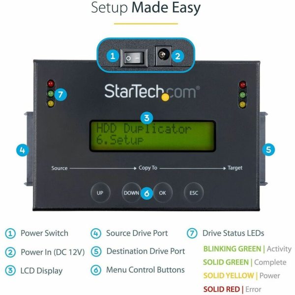 StarTech.com 1:1 Standalone Hard Drive Duplicator & Eraser, SATA HDD / SSD Disk Cloner / Copier / Wiper / Sanitizer, TAA Compliant - Image 6