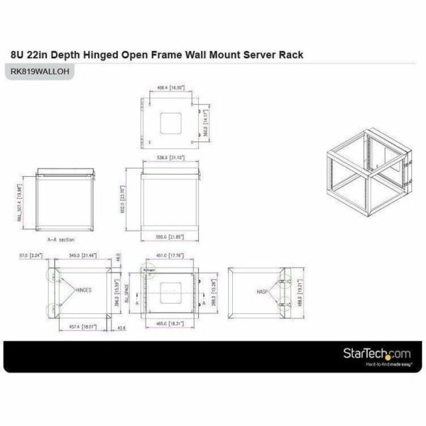 StarTech.com 4-Post 8U Hinged Wall-Mount Network Rack, 19" Open Frame Server Rack, Wall Mount Data Rack for IT Computer Equipment, TAA~ - Image 9