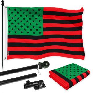G128 Combo Pack: 6 Ft Tangle Free Aluminum Spinning Flagpole (Black) & Afro American Black Liberation BLM Flag 3x5 Ft, LiteWeave Pro Series Printed 150D Polyester | Pole with Flag Included