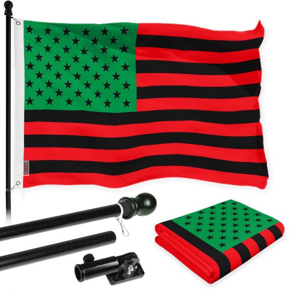 G128 Combo Pack: 6 Ft Tangle Free Aluminum Spinning Flagpole (Black) & Afro American Black Liberation BLM Flag 3x5 Ft, LiteWeave Pro Series Printed 150D Polyester | Pole with Flag Included