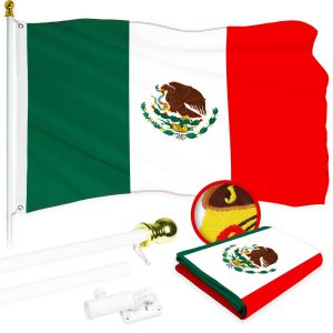 G128 Combo Pack: 5 Ft Tangle Free Aluminum Spinning Flagpole (White) & Mexico Mexican Flag 2.5x4 Ft, ToughWeave Series Embroidered 300D Polyester | Pole with Flag Included