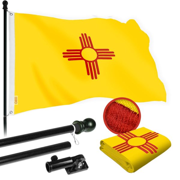 G128 Combo Pack: 5 Ft Tangle Free Spinning Flagpole (Black) & New Mexico Flag 2x3 Ft Embroidered 220GSM Spun Polyester, Brass Grommets (Flag Included) Aluminum Flag Pole