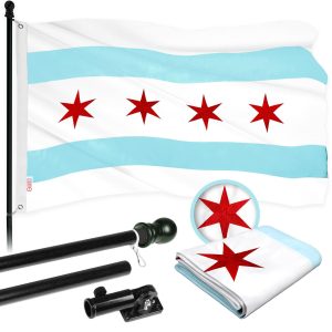 G128 Flag Pole 5 FT Black Tangle Free & Chicago Flag 2.5x4 FT Combo Embroidered 300D Polyester