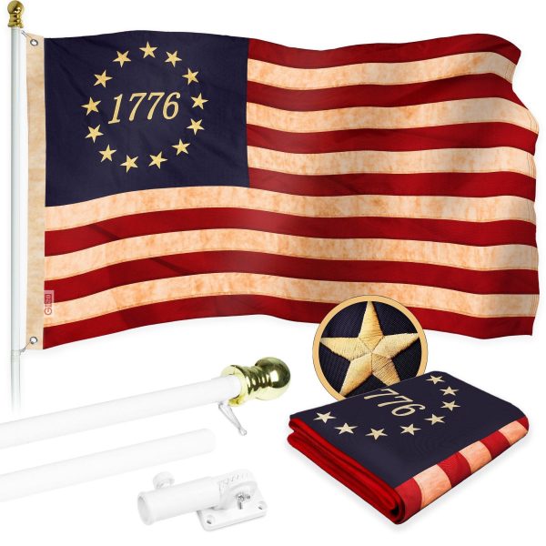 G128 Combo Pack: 5 Ft Tangle Free Aluminum Spinning Flagpole (White) & Betsy Ross 1776 Tea-Stained Flag 2x3 Ft, ToughWeave Pro Series Embroidered 420D Polyester | Pole with Flag Included