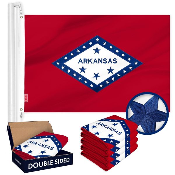 G128 5 Pack: Arkansas AR State Flag | 3x5 Ft | Double ToughWeave Series Double Sided Embroidered 210D Polyester | Embroidered Design, Indoor/Outdoor, Brass Grommets, Heavy Duty, 2-ply