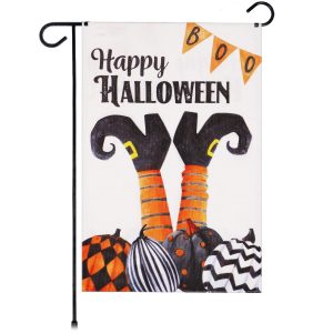G128 Garden Flag Happy Halloween Witch Feet and Spooky Pumpkins | 12x18 Inch | Printed Burlap Polyester - Halloween Fall Decoration