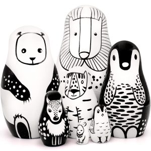 AEVVV Black and White Wooden Animals Nesting Dolls Set of 7 pcs   Matryoshka Doll   Black and White Toys   Wooden Stacking Animals   Black and White Decor