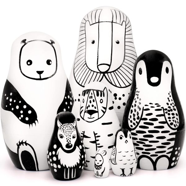 AEVVV Black and White Wooden Animals Nesting Dolls Set of 7 pcs   Matryoshka Doll   Black and White Toys   Wooden Stacking Animals   Black and White Decor