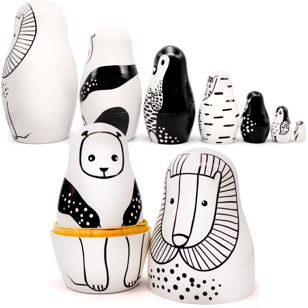 AEVVV Black and White Wooden Animals Nesting Dolls Set of 7 pcs   Matryoshka Doll   Black and White Toys   Wooden Stacking Animals   Black and White Decor - Image 2