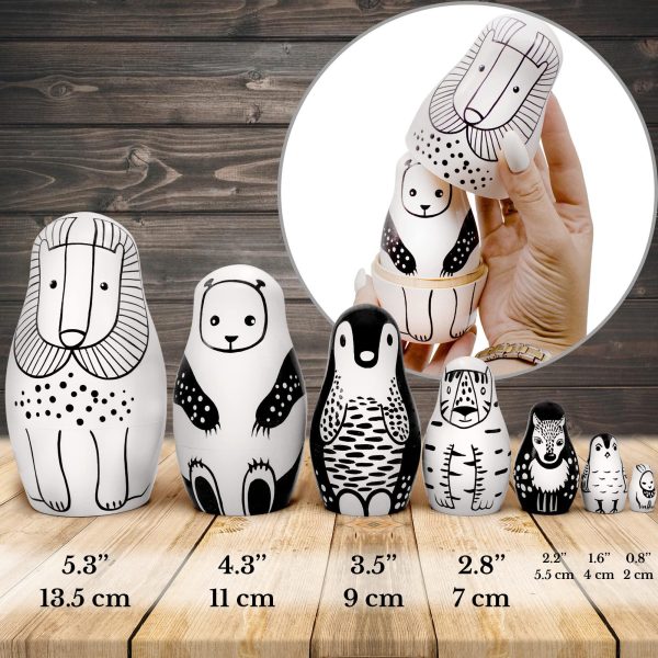 AEVVV Black and White Wooden Animals Nesting Dolls Set of 7 pcs   Matryoshka Doll   Black and White Toys   Wooden Stacking Animals   Black and White Decor - Image 3