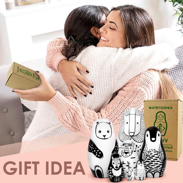 AEVVV Black and White Wooden Animals Nesting Dolls Set of 7 pcs   Matryoshka Doll   Black and White Toys   Wooden Stacking Animals   Black and White Decor - Image 6