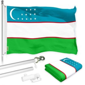 G128 Combo Pack: 6 Ft Tangle Free Spinning Flagpole (White) & Uzbekistan Flag 3x5 Ft Printed 150D Polyester, Brass Grommets (Flag Included) Aluminum Flag Pole