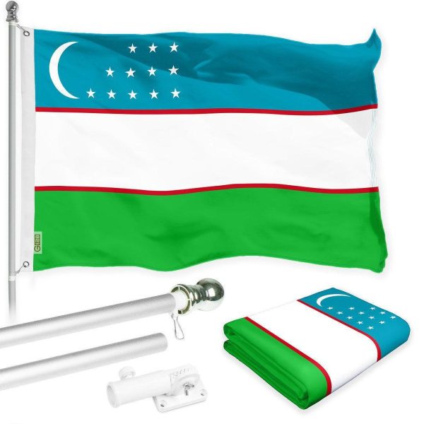 G128 Combo Pack: 6 Ft Tangle Free Spinning Flagpole (White) & Uzbekistan Flag 3x5 Ft Printed 150D Polyester, Brass Grommets (Flag Included) Aluminum Flag Pole