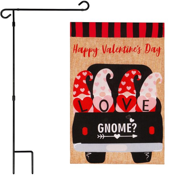 G128 Combo Pack: Garden Flag Stand Black 36 in x 16 in & Garden Flag Happy Valentine's Day Decoration Love Four Gnomes in Truck 12"x18" Double-Sided Burlap Fabric