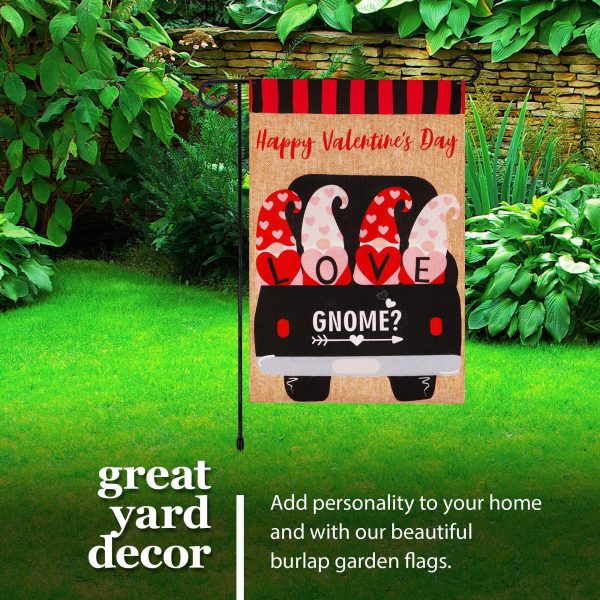 G128 Combo Pack: Garden Flag Stand Black 36 in x 16 in & Garden Flag Happy Valentine's Day Decoration Love Four Gnomes in Truck 12"x18" Double-Sided Burlap Fabric - Image 6