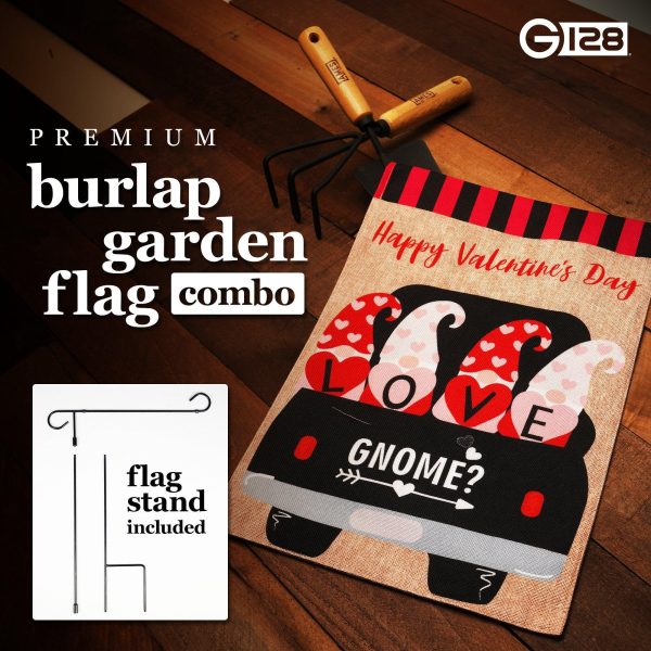 G128 Combo Pack: Garden Flag Stand Black 36 in x 16 in & Garden Flag Happy Valentine's Day Decoration Love Four Gnomes in Truck 12"x18" Double-Sided Burlap Fabric - Image 7
