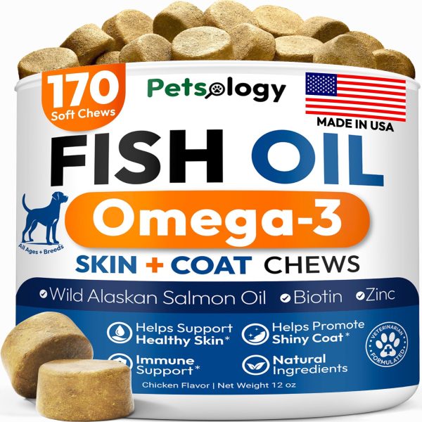 Omega 3 Fish Oil for Dogs   170 Chews   Omega 3 for Dogs Itchy Skin & Allergy Relief   Skin & Coat Supplement   EPA & DHA Fatty Acids   Dog Anti Shedding & Hot Spot Treatment   Salmon Oil