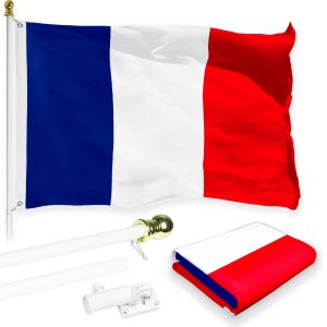 G128 Combo Pack: 6 Feet Tangle Free Spinning Flagpole (White) France French Flag 3x5 ft Printed 150D Brass Grommets (Flag Included) Aluminum Flag Pole
