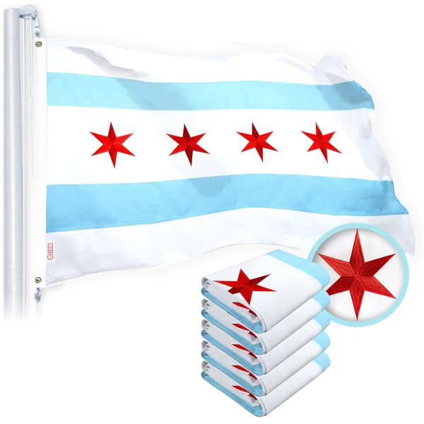 G128 Chicago Flag 4x6 Ft 5-Pack Heavy Duty Spun Polyester 220GSM Embroidered Tough, Durable, Indoor/Outdoor, Vibrant Colors, Brass Grommet