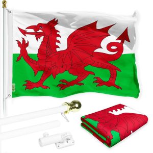 G128 Combo Pack: 6 Ft Tangle Free Spinning Flagpole (White) & Wales Flag 3x5 Ft Printed 150D Polyester, Brass Grommets (Flag Included) Aluminum Flag Pole
