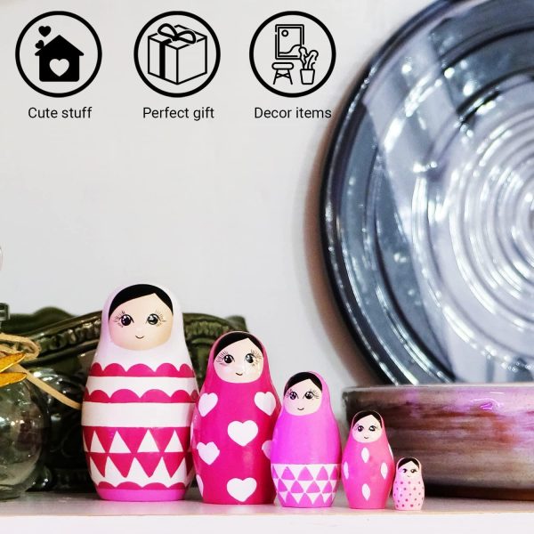 AEVVV Pink Nesting Dolls Set 5 pcs   Russian Dolls Pink Decorations  Matryoshka Doll   Pink Decor Bedroom - Image 5