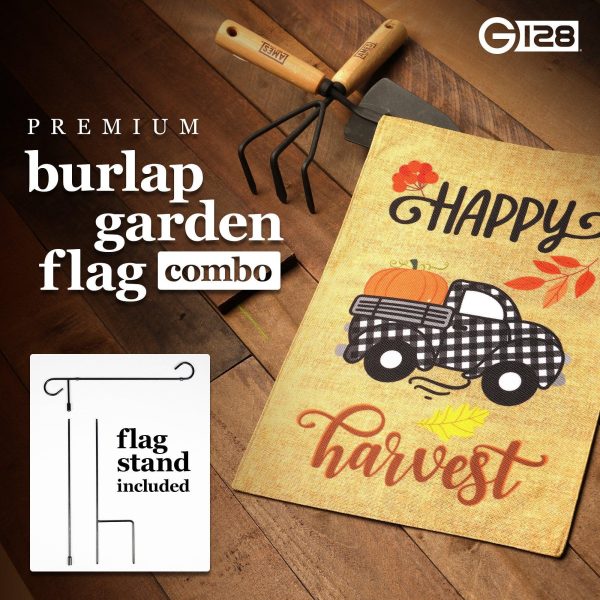 G128 Combo Pack: Garden Flag Stand Black 36 in x 16 in & Garden Flag Fall Decoration Happy Harvest Pumpkin in Truck Bed 12"x18" Double-Sided Burlap Fabric - Image 7