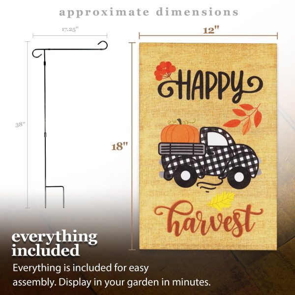 G128 Combo Pack: Garden Flag Stand Black 36 in x 16 in & Garden Flag Fall Decoration Happy Harvest Pumpkin in Truck Bed 12"x18" Double-Sided Burlap Fabric - Image 9