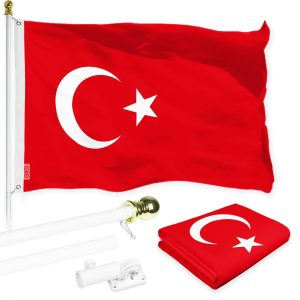 G128 Combo Pack: 6 Ft Tangle Free Spinning Flagpole (White) & Turkey Flag 3x5 Ft Printed 150D Polyester, Brass Grommets (Flag Included) Aluminum Flag Pole