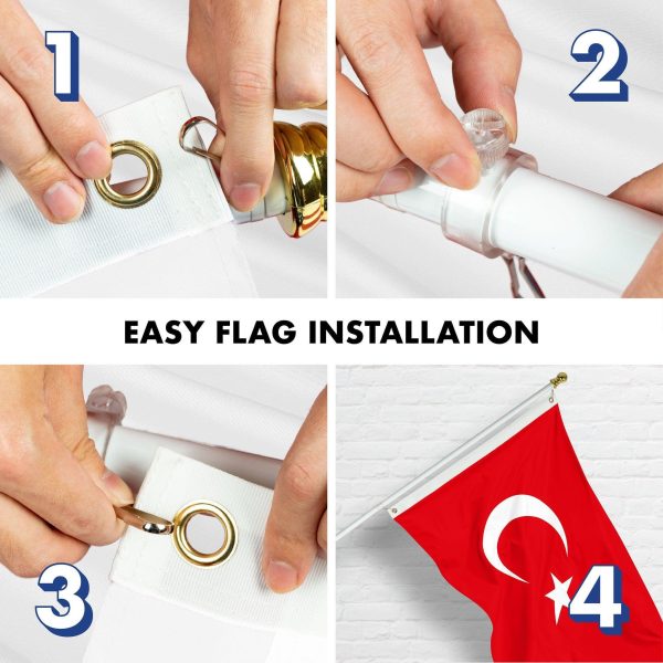 G128 Combo Pack: 6 Ft Tangle Free Spinning Flagpole (White) & Turkey Flag 3x5 Ft Printed 150D Polyester, Brass Grommets (Flag Included) Aluminum Flag Pole - Image 7