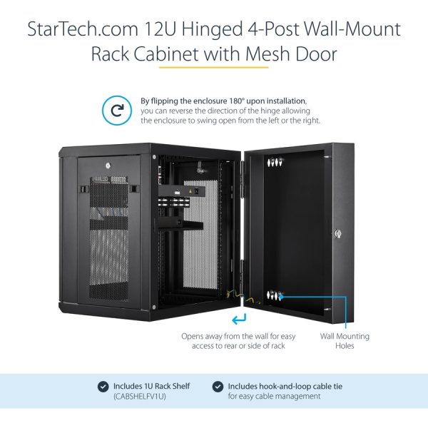 StarTech.com 4-Post 12U Wall Mount Network Cabinet, 19" Hinged Wall-Mounted Server Rack for IT Equipment, Flexible Lockable Rack Enclosure - Image 3