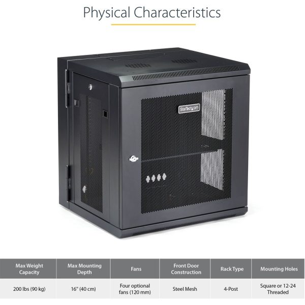 StarTech.com 4-Post 12U Wall Mount Network Cabinet, 19" Hinged Wall-Mounted Server Rack for IT Equipment, Flexible Lockable Rack Enclosure - Image 5