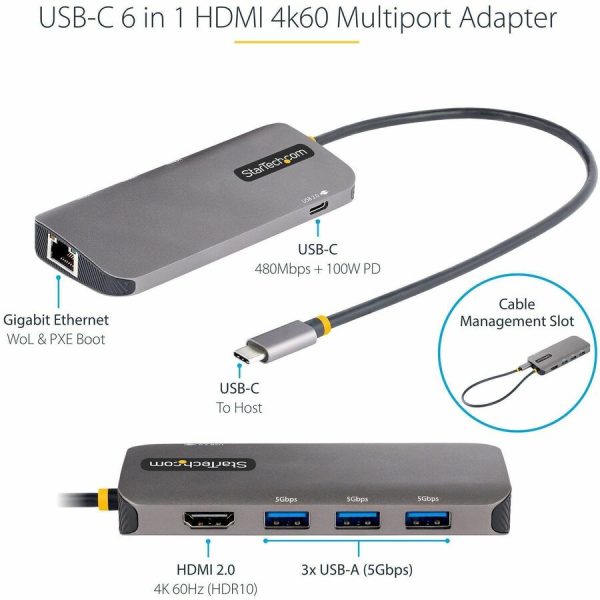 StarTech.com USB C Multiport Adapter, 4K 60Hz HDMI HDR10 Video, 3 Port 5Gbps USB 3.2 Hub, 100W PD PassThrough, GbE, Mini Travel Dock - Image 2