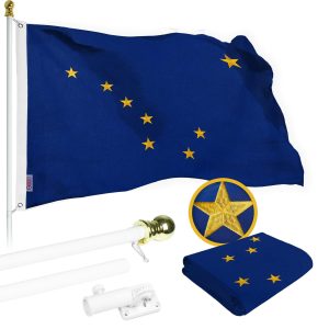 G128 Combo Pack: 5 Ft Tangle Free Spinning Flagpole (White) & Alaska Flag 2.5x4 Ft Embroidered 220GSM Spun Polyester, Brass Grommets (Flag Included) Aluminum Flag Pole