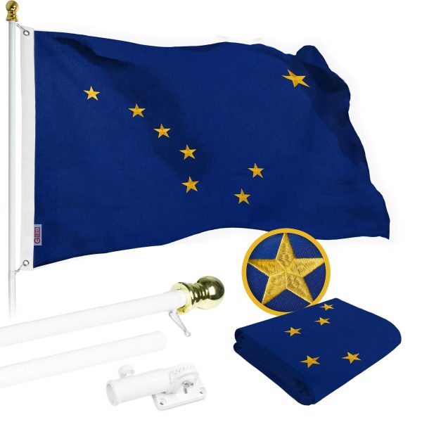 G128 Combo Pack: 5 Ft Tangle Free Spinning Flagpole (White) & Alaska Flag 2.5x4 Ft Embroidered 220GSM Spun Polyester, Brass Grommets (Flag Included) Aluminum Flag Pole
