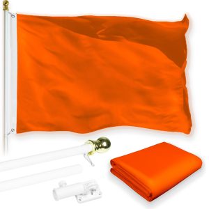 G128 Combo Pack: 6 Feet Tangle Free Spinning Flagpole (White) Solid Orange Flag 3x5 ft Printed 150D Brass Grommets (Flag Included) Aluminum Flag Pole