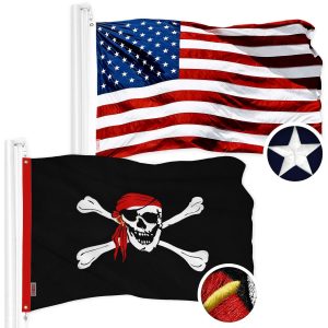 G128 Combo Pack: American USA Flag 16x24 In & Pirate Jolly Roger Red Head Scarf Flag 16x24 In | Both ToughWeave Series Embroidered 300D Polyester, Embroidered Design, Indoor/Outdoor, Brass Grommets
