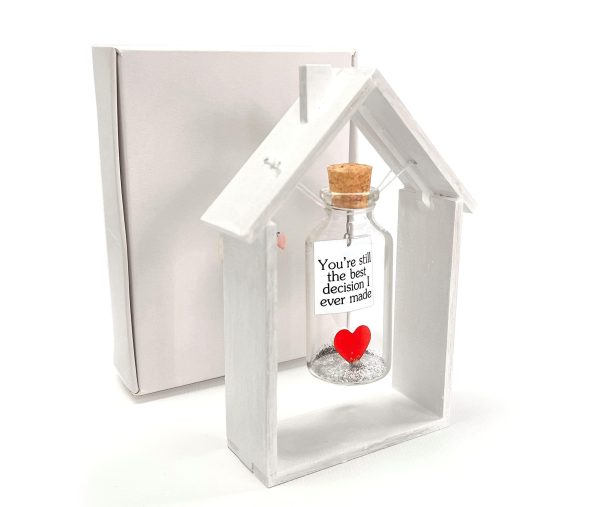 Anniversary Gift for Her & Him Romantic Present for Boyfriend Girlfriend Custom Message I Love You Gifts to Wife Husband (Heart in Big Bottle   You're Still The Best Decision In White Wood Frame) - Image 3
