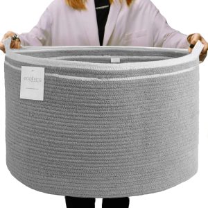 Eco living Recycled Cotton Rope Storage Basket 21.7 x 21.7 x 13.8 Inches Extra Large Basket for Cushions Blanket Pillows Toys Stylish and Eco Friendly Living Room Rope Basket Gray
