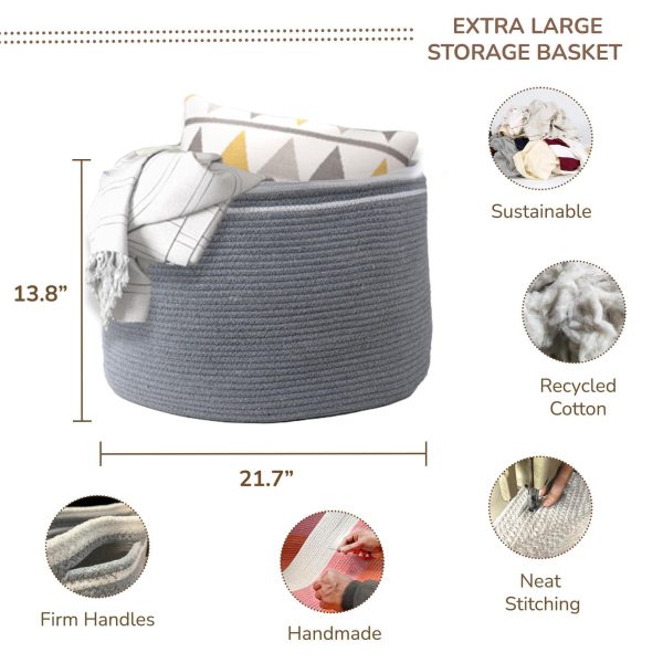 Eco living Recycled Cotton Rope Storage Basket   21.7 x 21.7 x 13.8 Inches Extra Large Basket for Cushions Blanket Pillows Toys   Stylish and Eco Friendly Living Room Rope Basket   Gray - Image 3