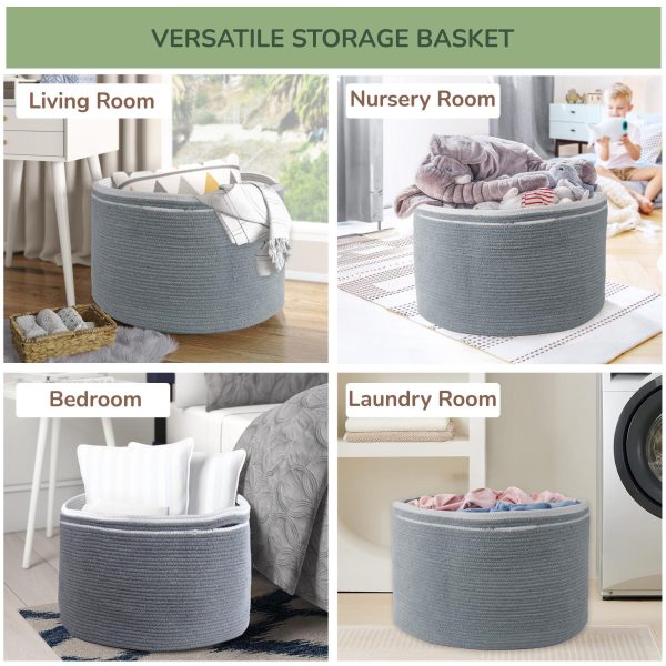 Eco living Recycled Cotton Rope Storage Basket   21.7 x 21.7 x 13.8 Inches Extra Large Basket for Cushions Blanket Pillows Toys   Stylish and Eco Friendly Living Room Rope Basket   Gray - Image 4