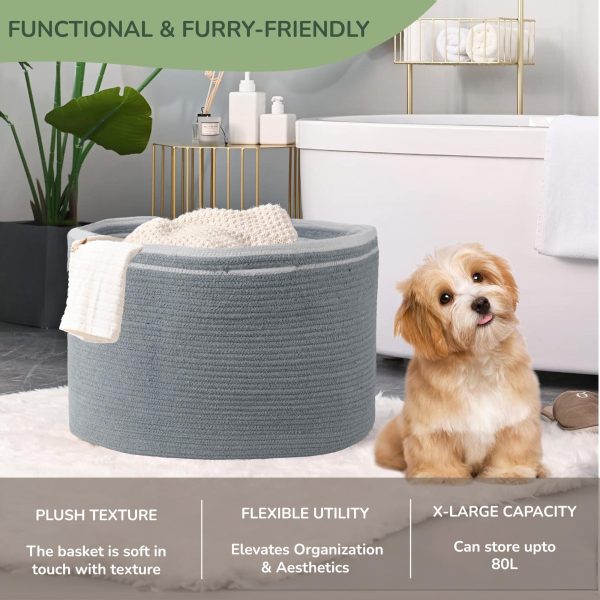 Eco living Recycled Cotton Rope Storage Basket   21.7 x 21.7 x 13.8 Inches Extra Large Basket for Cushions Blanket Pillows Toys   Stylish and Eco Friendly Living Room Rope Basket   Gray - Image 5
